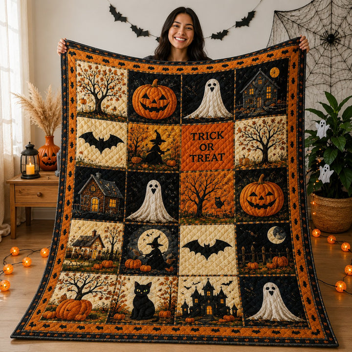 Halloween Pumpkin Ghost Quilted Blanket, Spooky Throw, Witch Gift