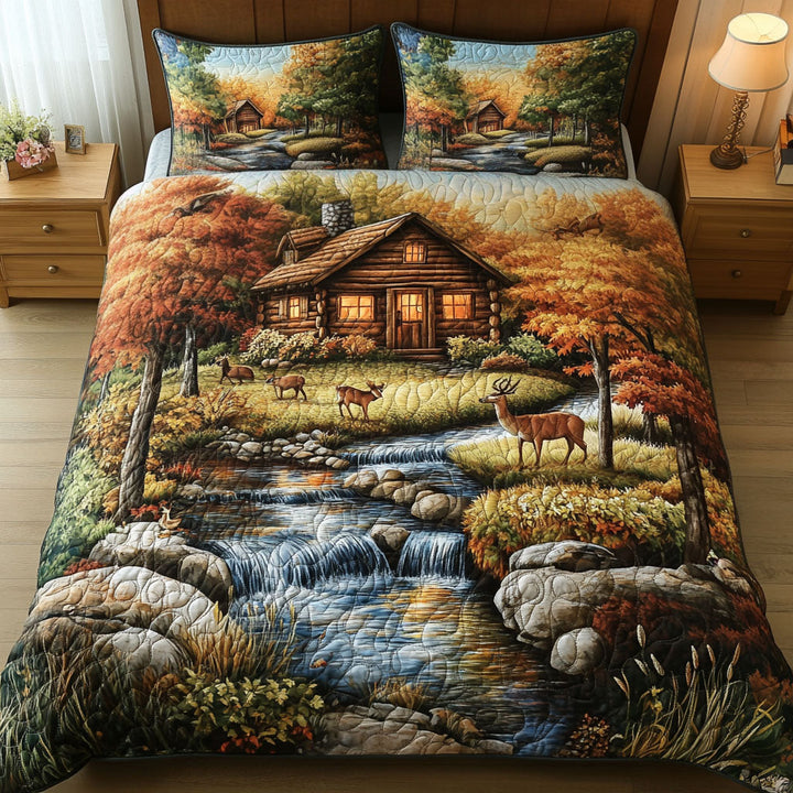 Cabin and Deer 3-Piece Quilted Bedding Set NCU0NT5162