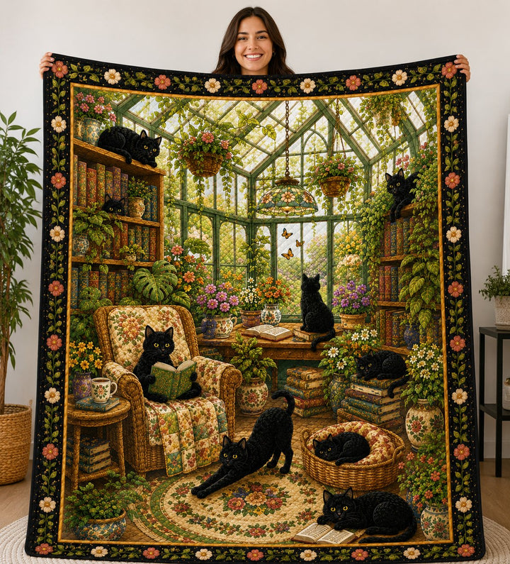 Greenhouse Library Cat Quilt, Botanical Book Lover, Gift for Her