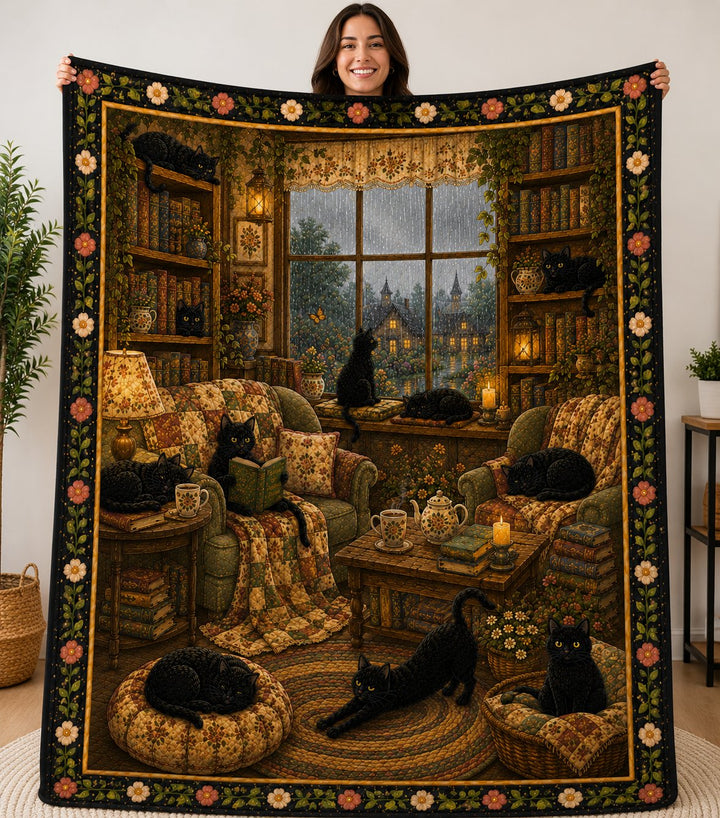 Rainy Day Reading Quilt Blanket, Cozy Cat Book Lover Throw, Gift for Her