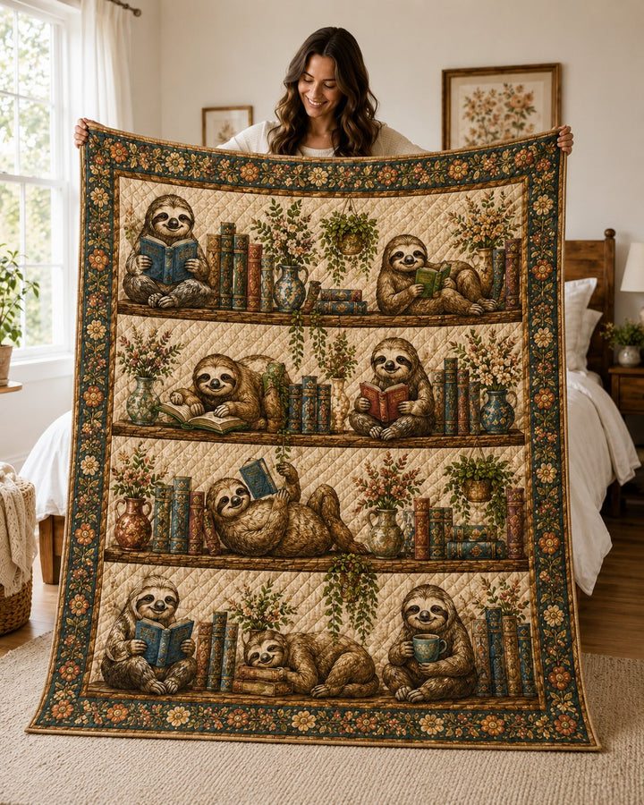 Sloth Reading Books Quilted Blanket, Bookworm Cozy Gift for Her