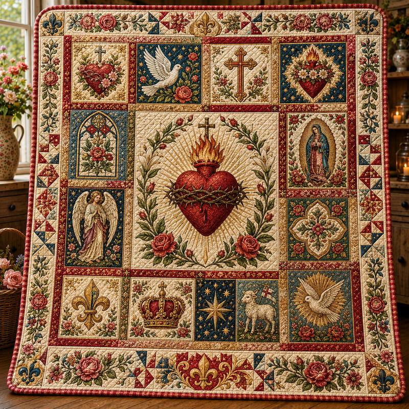 Sacred Heart Quilt Blanket, Catholic Floral Throw, Religious Gift