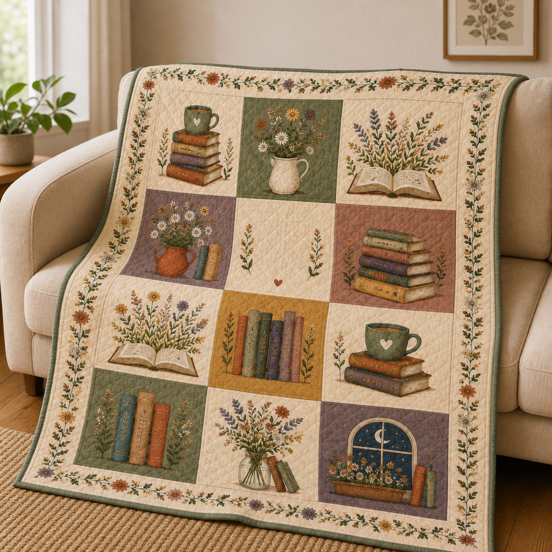 Floral Book Quilt Blanket, Book Lover Throw, Reader Gift for Her