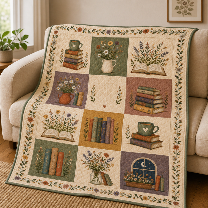 Floral Book Quilt Blanket, Book Lover Throw, Reader Gift for Her
