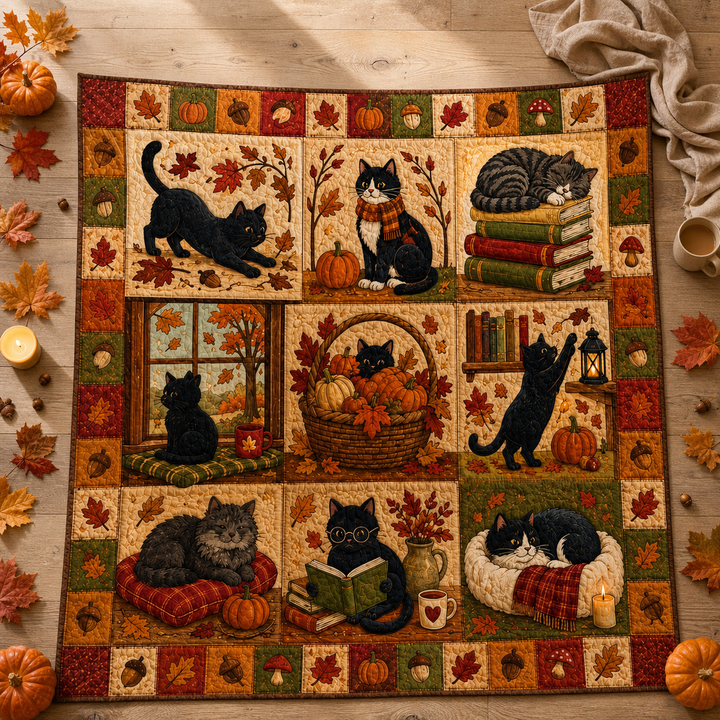 Black Cat Book Quilt Blanket, Fall Cozy Throw, Reader Gift, Halloween