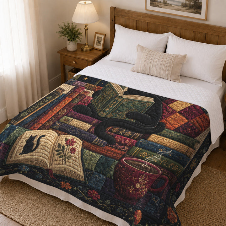 Black Cat Reading Quilted Blanket, Floral Patchwork, Book Lover Gift