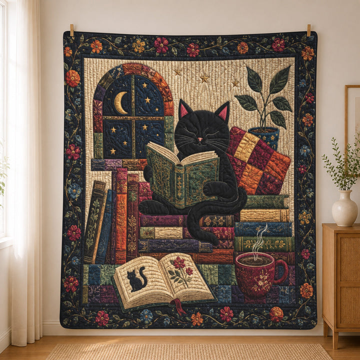 Black Cat Reading Quilted Blanket, Floral Patchwork, Book Lover Gift