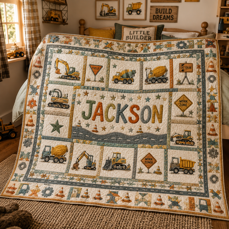 Personalized Construction Quilt, Custom Name Kids Bedding, Boy Gift